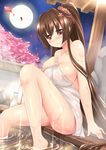  areolae barefoot breasts brown_hair cherry_blossoms flower full_moon hair_flower hair_ornament kantai_collection large_breasts long_hair looking_at_viewer miyuki_rei moon night petals ponytail red_eyes sitting smile soaking_feet solo very_long_hair water wet yamato_(kantai_collection) 