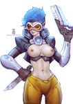  banned_artist breasts breasts_outside gloves goggles gun hand_on_hip handgun highres knife large_breasts nipples overwatch pants paul_kwon pistol short_hair smile solo toned tracer_(overwatch) weapon 