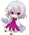  bespectacled bow bowtie chibi dress full_body glasses jacket kishin_sagume long_sleeves open_clothes open_mouth purple_dress red_eyes shiohachi shirt short_hair silver_hair single_wing solo touhou wings 