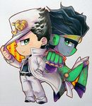  back-to-back black_hair chibi foreshortening green_eyes hand_in_pocket hat hat_tip highres jojo_no_kimyou_na_bouken kameron kuujou_joutarou long_coat male_focus stand_(jojo) star_platinum traditional_media 