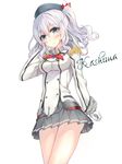  bad_id bad_pixiv_id blue_eyes breasts character_name cursive epaulettes hair_ornament hakuishi_aoi kantai_collection kashima_(kantai_collection) large_breasts long_hair military military_uniform miniskirt silver_hair skirt smile solo twintails uniform wavy_hair 