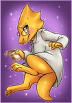  2015 alphys anthro blush brown_eyes clothing dinosaur eyewear female food glasses lab_coat lizard monster pon3splash pussy reptile scalie simple_background solo sweat teeth undertale video_games 