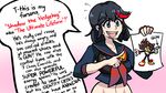  black_hair blue_eyes blush breasts cameo child_drawing directional_arrow english fang flying_sweatdrops gun kill_la_kill label matoi_ryuuko medium_breasts midriff navel panicking parody school_uniform senketsu serafuku shadow_the_hedgehog shadow_the_hedgehog_(game) short_hair sidelocks solo sonic_the_hedgehog speech_bubble sweatdrop trait_connection triple-q truth wall_of_text weapon 