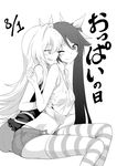  dated greyscale hand_under_clothes highres licking_lips looking_at_another looking_back midriff monochrome multiple_girls navel one_eye_closed ore_twintail_ni_narimasu smile striped striped_legwear thighhighs tongue tongue_out translated tsube_aika twoearle yuri yuto_(dialique) 