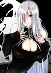  bare_shoulders breasts cleavage_cutout hair_over_one_eye large_breasts long_hair mugenshiki original red_eyes ribbed_sweater silver_hair smile solo sweater 