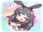  ;d animal_ears black_hair black_leotard black_neckwear bow bowtie bunny_ears bunny_girl bunny_tail bunnysuit chibi commentary_request dated detached_collar hair_ornament hairclip happy_birthday highres jako_(jakoo21) leotard long_hair looking_at_viewer one_eye_closed open_mouth purple_eyes sakurajima_mai seishun_buta_yarou signature smile solo strapless strapless_leotard tail wrist_cuffs 