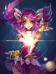  ahoge alternate_costume alternate_hair_color alternate_hairstyle choker cocked_eyebrow elbow_gloves gloves league_of_legends lens_flare luxanna_crownguard magical_girl pink_hair purple_choker purple_eyes qian_mang_mang sailor_collar smile solo star star_guardian_lux tiara twintails wand white_gloves 