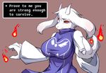  animal_ears black_sclera breasts claws commentary dream_demon english fang fire furry goat_ears goat_girl horns large_breasts pixelated red_eyes snout solo text_focus toriel undertale white_hair 