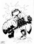  boots domino_mask eric_toner full_body gatling_gun greyscale gun heavy_splatling_(splatoon) highres ink_tank_(splatoon) inkling mask minigun monochrome paint_splatter solo splatoon_(series) splatoon_1 tentacle_hair weapon 