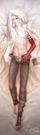  abs allen_walker arm_over_head bad_id bad_pixiv_id barefoot c8h11no2 chemical_structure coat d.gray-man dakimakura full_body grey_eyes highres male_focus nipples one_eye_closed open_clothes open_pants open_shirt pale_skin scar shirt signature smile solo tattoo unbuckled_belt underwear white_hair 