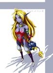  animal_ears bare_shoulders bodypaint breasts breath_of_fire breath_of_fire_ii capcom furry highres long_hair no_panties no_pants nude pointy_ears red_eyes rinpoo_chuan solo striped tail white_background 