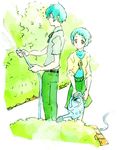  1girl aqua_hair cardigan gardening hose persona persona_3 school_uniform short_sleeves sutei_(giru) watering_can yamagishi_fuuka yuuki_makoto 