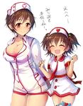  :d ^_^ akagi_miria blush breasts brown_eyes brown_hair cleavage closed_eyes hair_bobbles hair_ornament hat idolmaster idolmaster_cinderella_girls kara_(color) large_breasts multiple_girls nurse nurse_cap oikawa_shizuku open_mouth partially_translated short_hair small_breasts smile translation_request twintails 