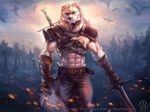  2015 abs anthro armor biceps big_muscles black_nose canine clothed clothing facial_scar forest fur geralt_of_rivia looking_at_viewer male mammal melee_weapon muscular muscular_male outside pants pecs scar solo sword swordsmen the_witcher tree video_games walkalone weapon white_fur wolf 