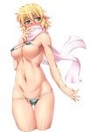  alternate_costume ass_visible_through_thighs bad_id bad_pixiv_id bangs bikini blonde_hair blush breasts cleavage covered_nipples cowboy_shot green_bikini green_eyes groin highres large_breasts lowleg lowleg_bikini micro_bikini mizuhashi_parsee navel nose_blush ootsuki_wataru pink_scarf pointy_ears scarf scarf_over_mouth short_hair solo string_bikini swimsuit tan thigh_gap touhou transparent_background underboob 