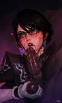  after_fellatio alternate_hair_length alternate_hairstyle bayonetta bayonetta_(character) bayonetta_2 black_hair blue_eyes caressing_testicles clothed_female_nude_male cum cum_in_mouth cum_on_glasses cum_on_hair cum_on_tongue earrings eyeshadow facial fellatio glasses heart hetero highres huge_testicles incase jewelry large_penis lips lipstick lipstick_mark makeup mole mole_under_mouth nose nude open_mouth oral penis runny_makeup short_hair solo_focus testicles tongue 