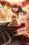  bald battle black_hair bodysuit cape ceasar_ian_muyuela clenched_hand crossover dc_comics duel dust gloves glowing glowing_eyes male_focus md5_mismatch multiple_boys one-punch_man punching red_eyes red_gloves saitama_(one-punch_man) superman 