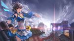  absurdres black_hair breasts cleavage cloud detached_sleeves green_eyes highres landscape lens_flare long_hair luo_tianyi medium_breasts renyu1012 rooftop smile solo thighhighs vocaloid vocanese 