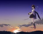  black_hair black_wings brown_eyes camera cloud flying hat hat_ribbon kamukamu_(ars) looking_at_viewer pom_pom_(clothes) ribbon shameimaru_aya shirt skirt sky solo sunset tokin_hat touhou wings 