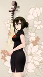  beifeng_han black_hair chinese commentary flower hair_between_eyes hair_bun instrument long_hair looking_at_viewer lute_(instrument) miyaura_sanshio open_mouth original peony_(flower) pipa_(instrument) purple_eyes side_slit simple_background solo white_background 