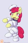  2015 alasou apple_bloom_(mlp) biped clothing cosplay costume earth_pony equine female feral friendship_is_magic fur ghostbusters hair hat horse mammal my_little_pony orange_eyes patreon pony red_hair simple_background solo stay_puft_marshmallow_man yellow_fur 