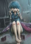  barefoot bleeding blood bloody_feet blue_hair blush broken_umbrella closed_eyes commentary crying d: fuente geta highres injury juliet_sleeves long_sleeves open_mouth puffy_sleeves rain shoes_removed solo tatara_kogasa tears teeth touhou tunic umbrella 