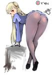  ass bent_over black_legwear blonde_hair capcom_fighting_jam disembodied_limb flat_chest from_behind full_body gloves hairpods highres ingrid johan_(johan13) legs long_hair long_legs looking_back pantyhose red_eyes solo standing thighs tiptoes translated upskirt white_gloves 