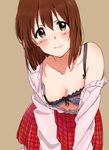  areola_slip areolae bad_id bad_pixiv_id black_bra blush bob_cut bra breasts brown_eyes brown_hair cleavage hagiwara_yukiho idolmaster idolmaster_(classic) mirin_(youton_jou) plaid plaid_skirt short_hair skirt small_breasts smile solo underwear 