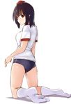  ass black_hair buruma flat_ass full_body gym_uniform hat kamukamu_(ars) kneeling looking_at_viewer pointy_ears red_eyes shameimaru_aya shirt short_sleeves single_vertical_stripe solo tokin_hat touhou 