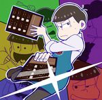  apron arrow arrow_in_head bad_id bad_twitter_id bowl_cut brothers brown_hair cigarette eating employee_uniform male_focus matsuno_choromatsu matsuno_ichimatsu matsuno_juushimatsu matsuno_karamatsu matsuno_osomatsu matsuno_todomatsu menu multiple_boys osomatsu-kun osomatsu-san paneled_background pompadour rain_amehuri sextuplets siblings solo_focus uniform 