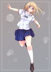  blonde_hair blue_eyes blush full_body glasses loafers long_hair looking_at_viewer mojake original school_uniform shoes smile solo 