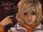  blonde_hair copyright_name freckles gun gun_to_head handgun heather_mason kikimimi_612 looking_down pistol portrait silent_hill_3 solo weapon 