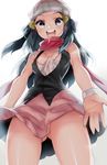  :d ass_visible_through_thighs bare_shoulders beanie black_dress black_hair bracelet breasts cleavage covered_nipples dress from_below gradient gradient_background hair_ornament hat hikari_(pokemon) jewelry long_hair looking_at_viewer looking_down naso4 no_panties open_mouth pokemon pokemon_(game) pokemon_dppt red_scarf scarf sidelocks simple_background sleeveless sleeveless_dress small_breasts smile solo standing white_background 