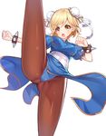  :o ass bangs blonde_hair blue_dress bracelet bun_cover china_dress chinese_clothes chun-li chun-li_(cosplay) clenched_hands cosplay djeeta_(granblue_fantasy) double_bun dress frills granblue_fantasy jewelry kicking panties pantyhose pelvic_curtain puffy_short_sleeves puffy_sleeves ribbon ririko_(zhuoyandesailaer) sash short_hair short_sleeves simple_background solo spiked_bracelet spikes split standing standing_on_one_leg standing_split street_fighter swept_bangs underwear white_background yellow_eyes 