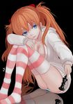  artist_name black_background blue_eyes blue_panties chess_piece collarbone expressionless fla hair_ornament hand_on_own_knee horizontal_stripes jacket king_(chess) legs long_hair long_sleeves neon_genesis_evangelion no_bra open_clothes open_jacket orange_hair panties red_legwear reflection simple_background solo souryuu_asuka_langley striped twintails underwear white_background white_jacket 