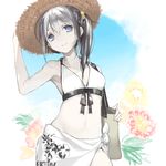  alternate_hairstyle arms_up bag bangs bikini_top black_hair blue_eyes contrapposto cowboy_shot drawr floral_print flower hand_on_headwear hat kantai_collection long_hair looking_at_viewer rayvon sarong shigure_(kantai_collection) side_ponytail smile solo standing straw_hat 