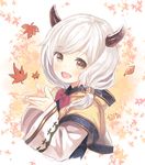  :d artist_name bad_id bad_pixiv_id blush bow bowtie brown_eyes camieux capriccio demon_horns draph falling_leaves from_side granblue_fantasy hair_tubes horns leaf leaf_background long_sleeves low_twintails open_mouth red_bow red_neckwear short_hair signature smile solo twintails upper_body 