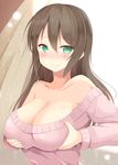  aibumi bare_shoulders blush breast_hold breasts brown_hair cleavage collarbone green_eyes highres large_breasts long_hair long_sleeves looking_at_viewer nose_blush off_shoulder original simple_background solo sweater upper_body wavy_mouth 