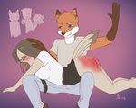  anthro avian beak being_watched blush butt canine clothed clothing crying duo_focus eyewear feline female fox fur glasses gradient_background group male mammal mistressadaira open_mouth orange_fur penis purple_eyes simple_background spanking tears 