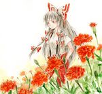  bad_id bad_pixiv_id bow flower fujiwara_no_mokou hair_bow hair_ribbon hands_in_pockets long_hair marigold pants red_eyes ribbon shirt short_sleeves silver_hair simple_background smile solo suspenders t-shirt touhou traditional_media uram watercolor_(medium) 