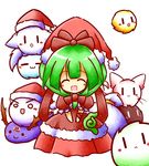  :3 animal_ears antlers bow chibi christmas closed_eyes dress front_ponytail green_hair hair_ribbon hat kagiyama_hina kedama o_o ribbon sack santa_costume santa_hat smile solo tail tilde_(ice_cube) touhou whiskers |_| 