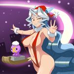  blue_hair breasts cleavage cloyster covered_nipples drifloon gen_1_pokemon gen_4_pokemon grin hat horns jouwan large_breasts long_hair one_eye_closed personification pokemon pokemon_(creature) red_eyes santa_hat sideboob slingshot_swimsuit smile swimsuit very_long_hair 