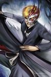  black_sclera bleach kurosaki_ichigo male_focus mask ninjatic orange_hair solo sword teeth weapon yellow_eyes 