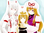  :&lt; bad_id bad_pixiv_id blonde_hair blush braid eyelashes fujiwara_no_mokou hair_ribbon hands hat hat_ribbon heart kirisame_marisa long_hair loup-garou marker_(medium) multiple_girls nail_polish purple_eyes red_eyes ribbon silver_hair smile surprised suspenders touching touhou traditional_media wide_sleeves yakumo_yukari yellow_eyes you_gonna_get_raped yuri 