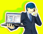  &gt;_&lt; blue_eyes blue_hair closed_eyes computer formal grin headphones kaito laptop looking_at_viewer male_focus necktie niconico niconico_comments one_eye_closed sabu_(sa-bu) smile solo suit vocaloid windows_xp 