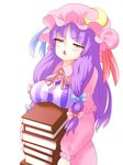  bad_id bad_pixiv_id book bow breast_rest breasts carried_breast_rest carrying covered_nipples crescent hair_bow hat large_breasts long_hair patchouli_knowledge purple_hair shiihaku solo striped touhou 