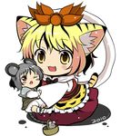  animal_ears animal_print basket blonde_hair fang grey_hair hair_ornament kemonomimi_mode mouse mouse_ears mouse_tail multiple_girls nazrin red_eyes sakeko shawl short_hair tail tiger_ears tiger_print tiger_tail toramaru_shou touhou yellow_eyes 