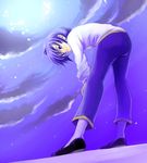  androgynous ass bad_id bad_pixiv_id bent_over blue_eyes blue_hair cloud hand_on_leg hirococo lila_(pokemon) looking_back lowres night night_sky pantyhose pokemon pokemon_(game) pokemon_emerald pokemon_rse purple_hair reverse_trap sky solo 