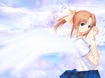  after after_sweet_kiss angel_wings bird blue_eyes brown_hair chain cloud english hair_ribbon hands highres jewelry long_hair necklace ocean petals ponytail profile ribbon shiomiya_kanami short_sleeves skirt smile solo star tanaka_takayuki tears wallpaper wind wings 