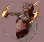  abs arm_up bad_id bad_pixiv_id evil_grin evil_smile exposed_muscle fire fujiwara_no_mokou grin groin kirusu long_hair looking_down muscle open_clothes open_shirt outstretched_arm outstretched_hand red_eyes sharp_teeth shirt silver_hair simple_background sketch sleeves_rolled_up smile solo teeth torn_clothes touhou 